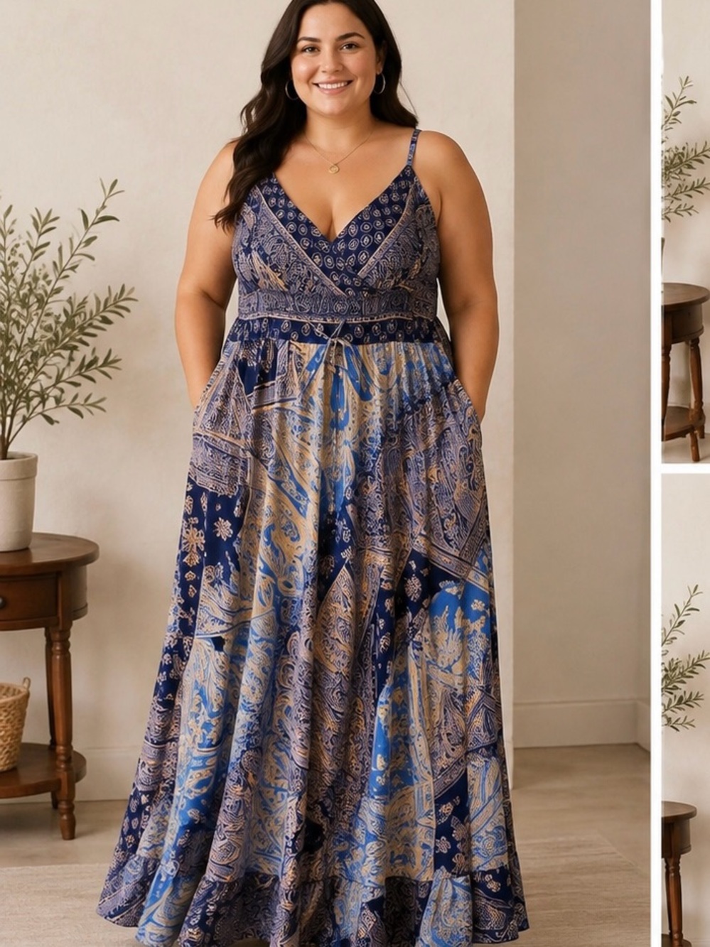India Fashion Blue & Gold Floral Maxi Dress NWT